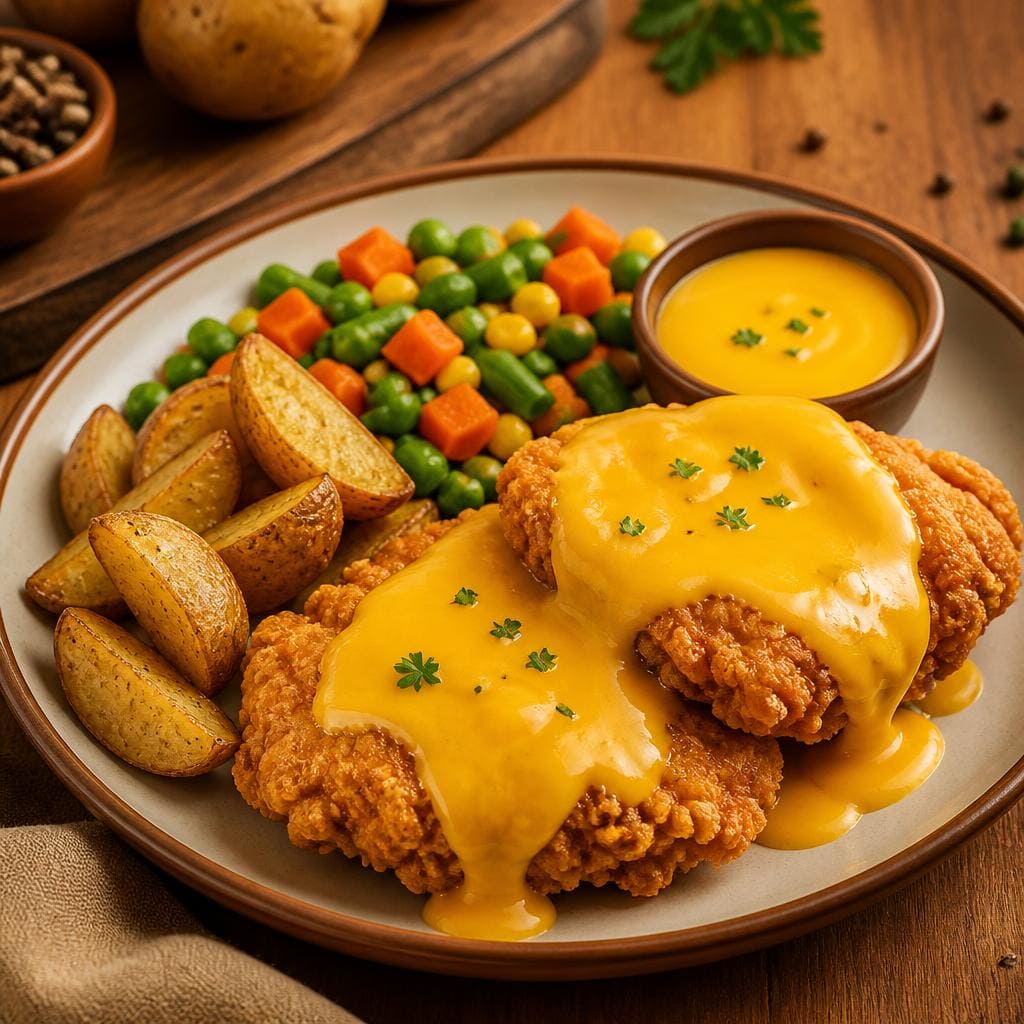 Chicken Double Cheese dengan dua potong steak ayam goreng tepung dan saus keju
